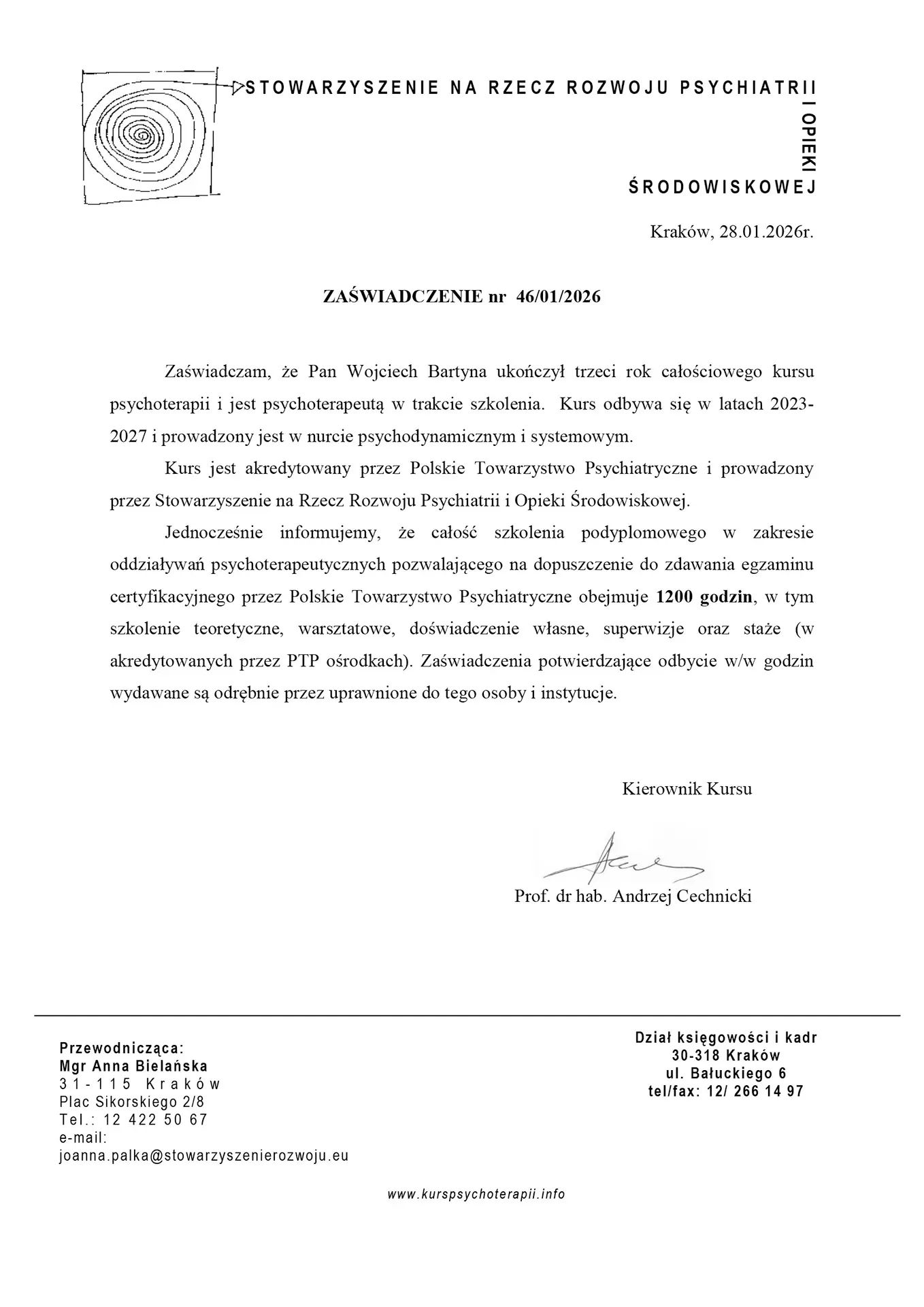 Kurs psychoterapii prowadzony przez Stowarzyszenie na Rzecz Rozwoju Psychiatrii i Opieki Środowiskowej