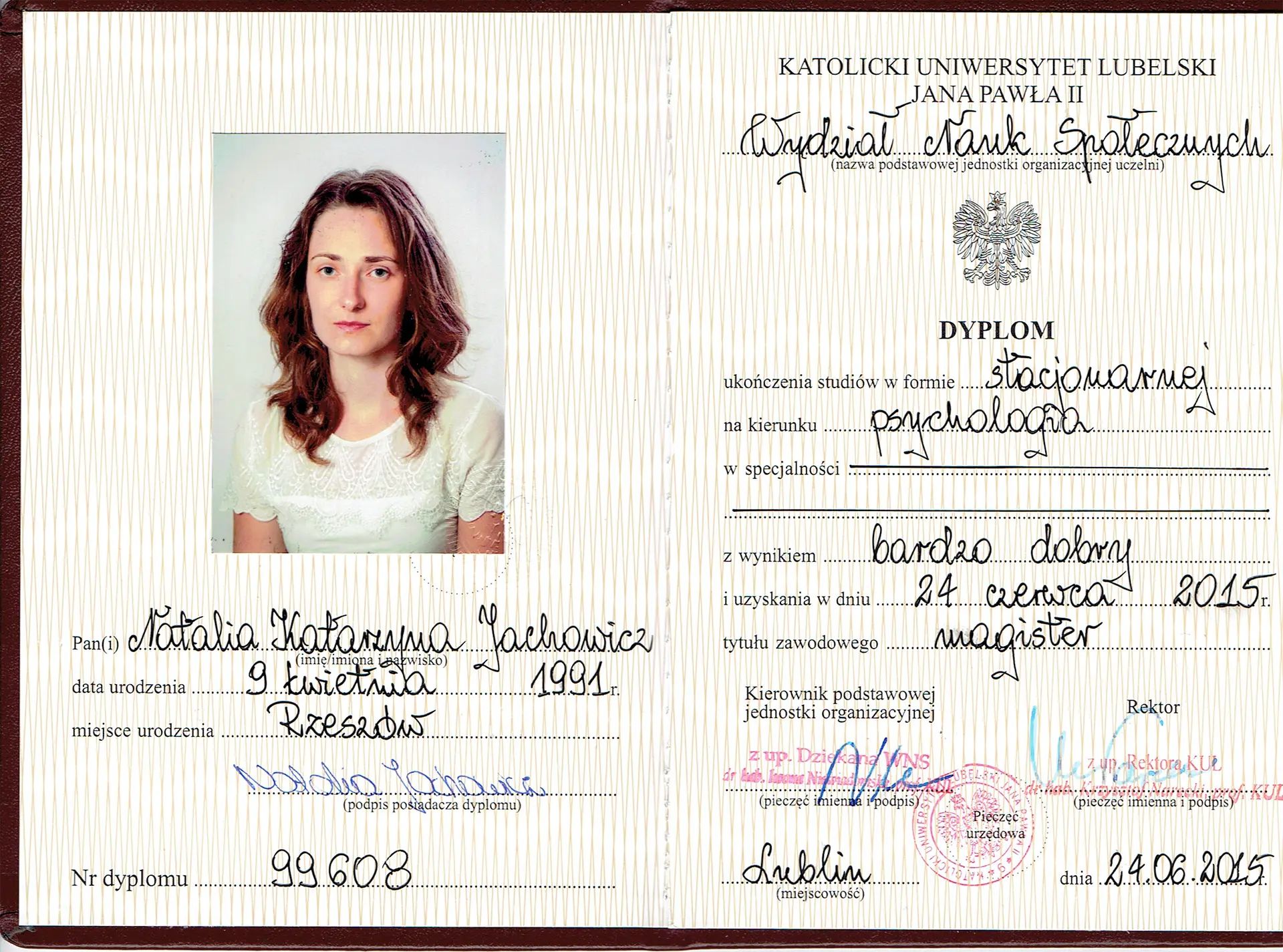 Dyplom KUL Jana Pawła II, Wydział Nauk Społecznych