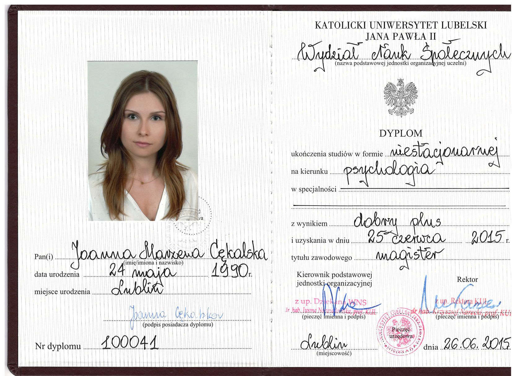 Dyplom KUL Jana Pawła II, Wydział Nauk Społecznych
