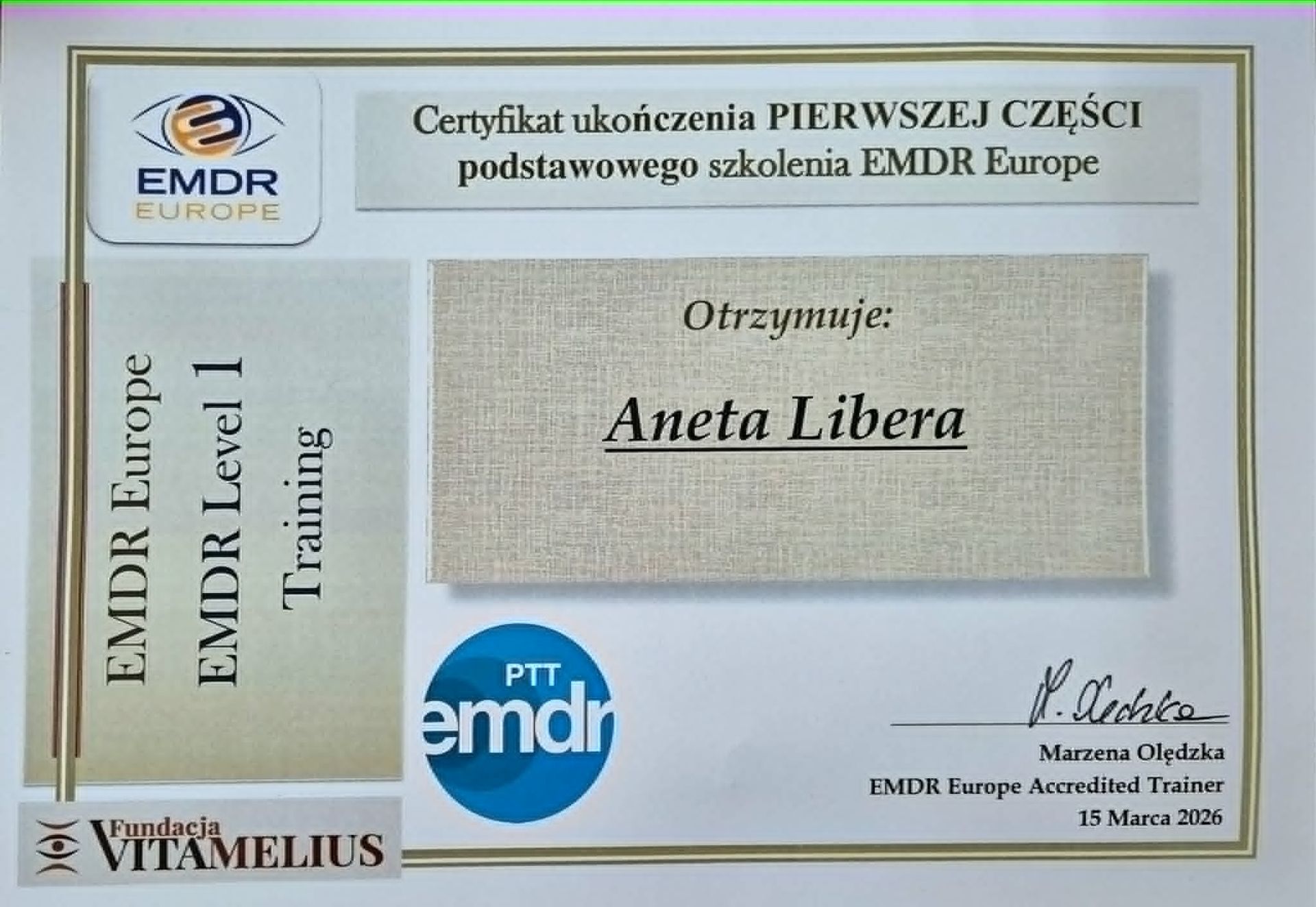 Pierwsza część podstawowego szkolenia EMDR Europe