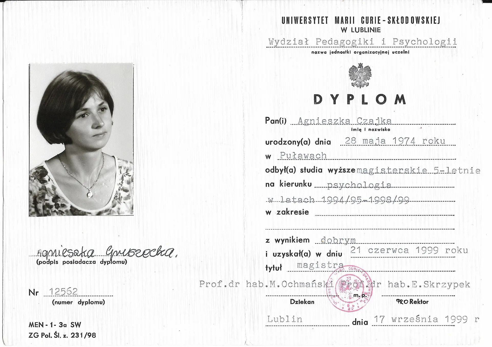 Dyplom UMCS, Wydział Pedagogiki i Psychoterapii