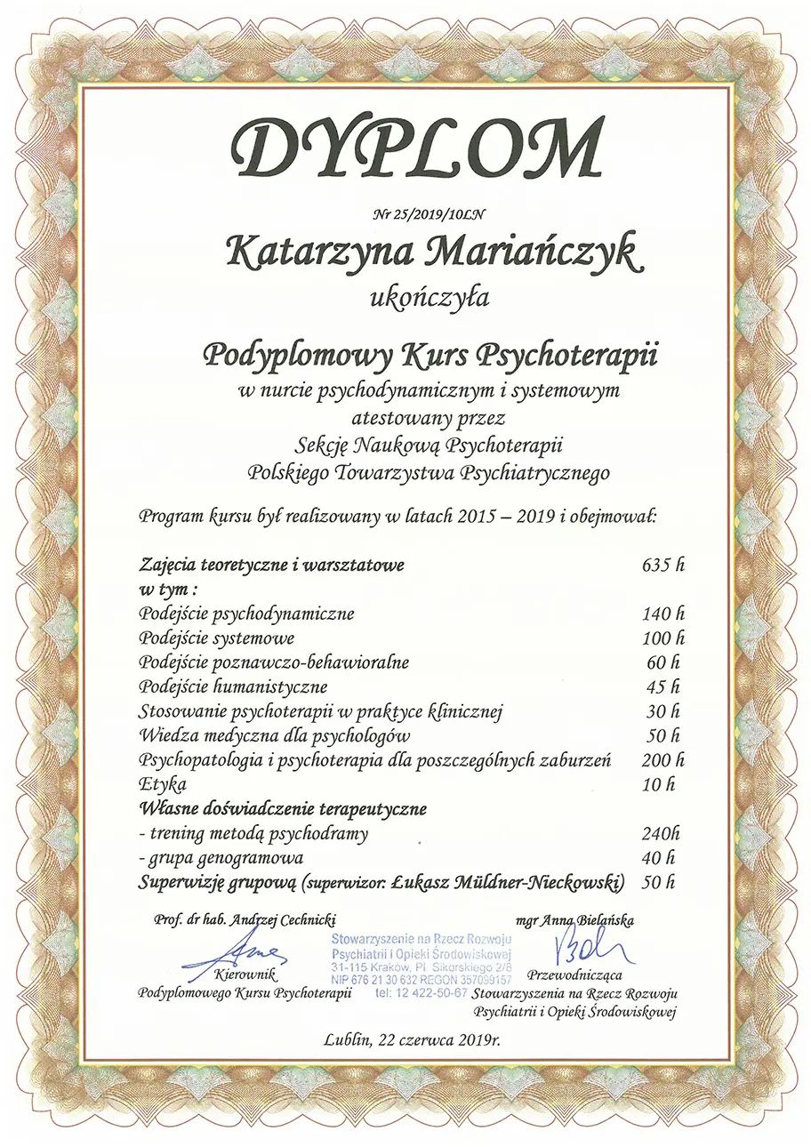 Podyplomowy Kurs Psychoterapii w nurcie psychodynamicznym i systemowym