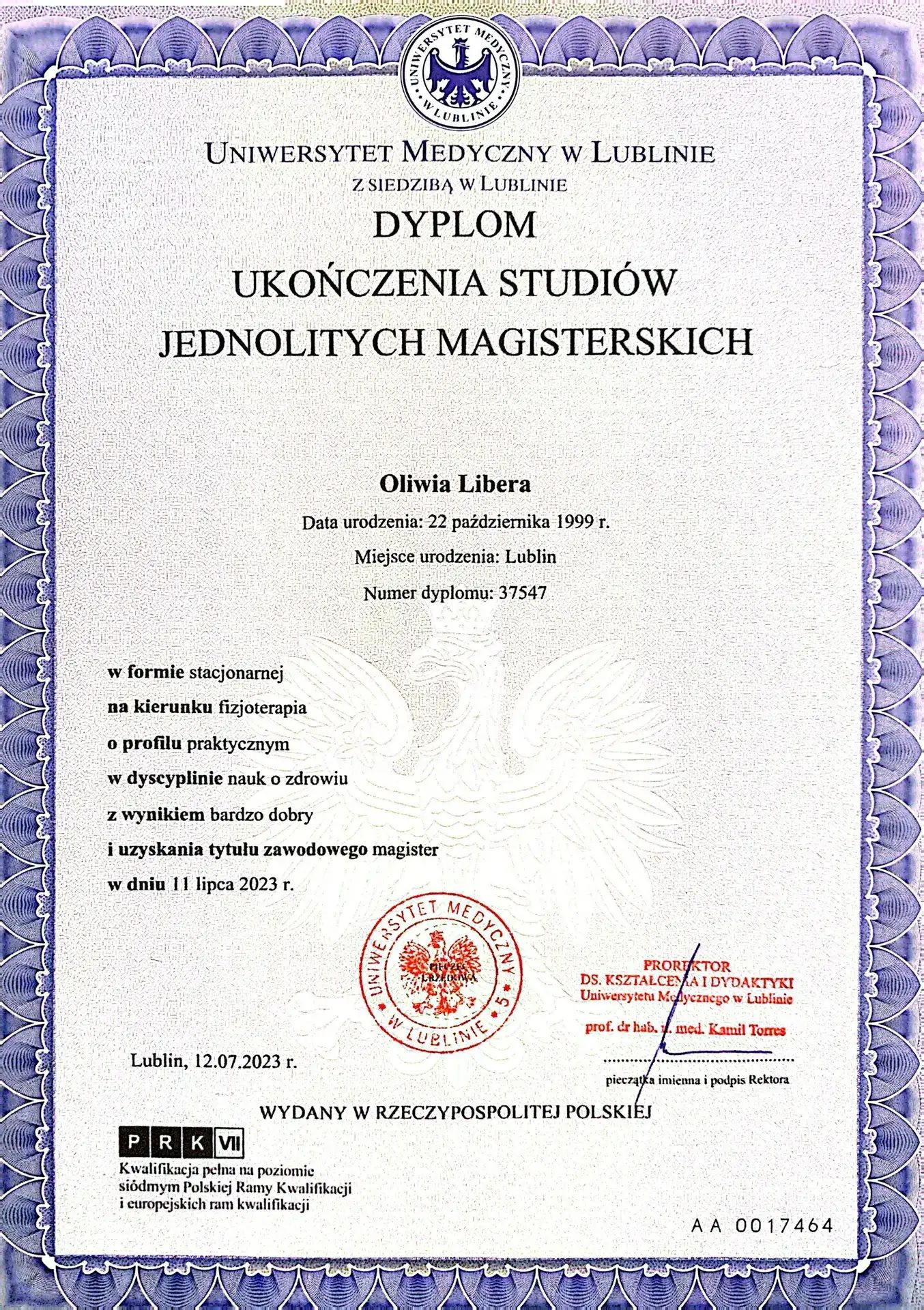 Dyplom ukończenia studiów jednolitych magisterskich